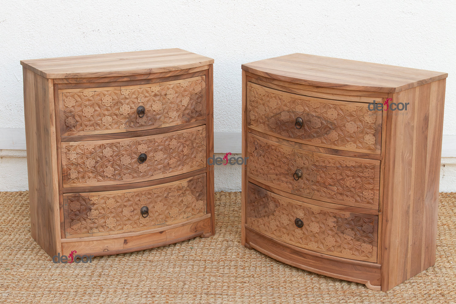 Set of 2, Reclaimed Wood Bow Front Carved Bedside Dressers
