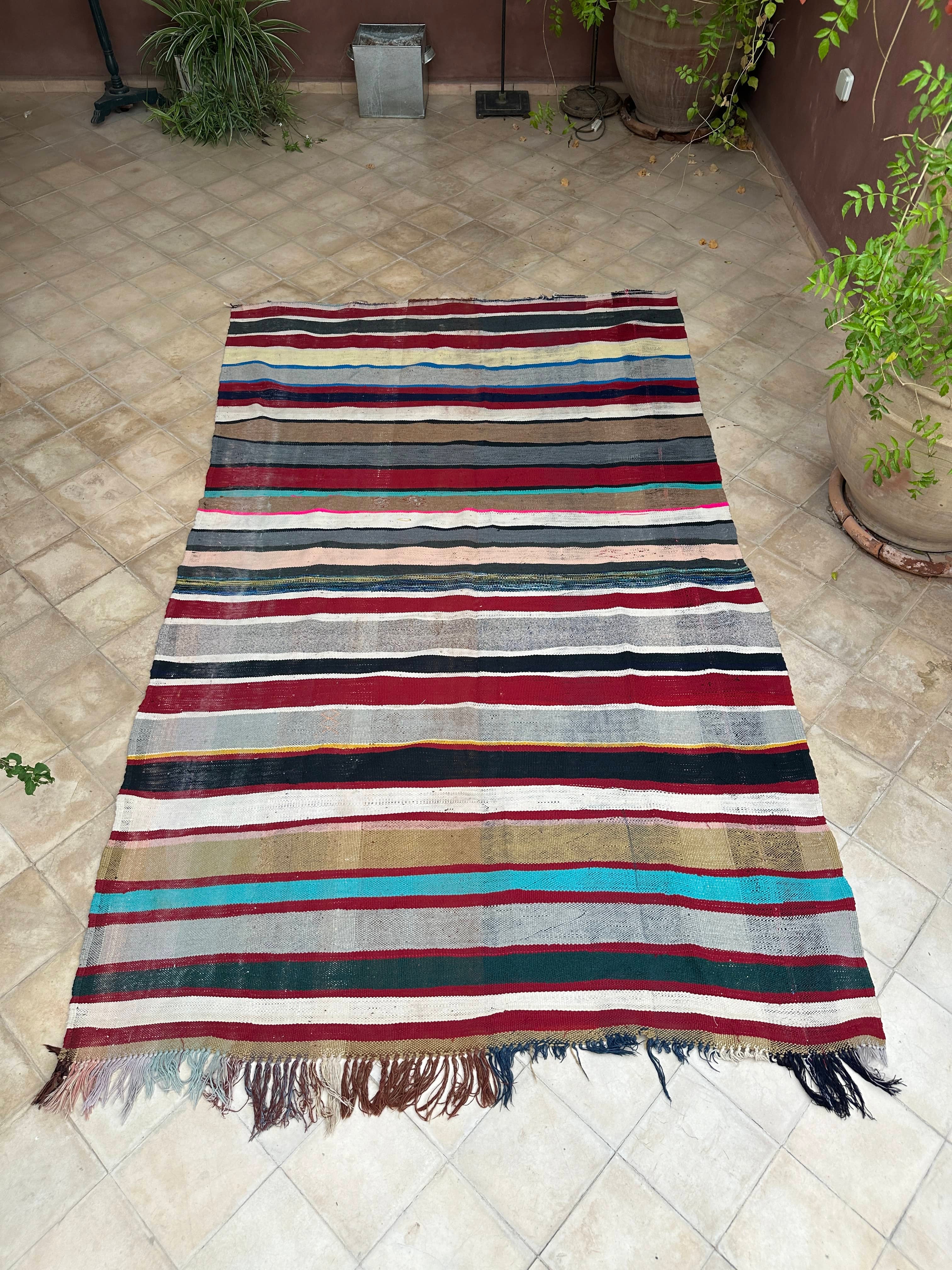 Moroccan Vintage Berber Striped Kilim Rug: Explore Enduring Beauty-1