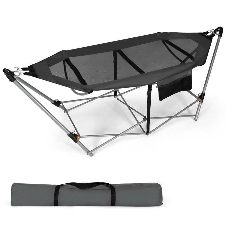 Grey Portable Camping Foldable Hammock with Stand and Carry Case-1