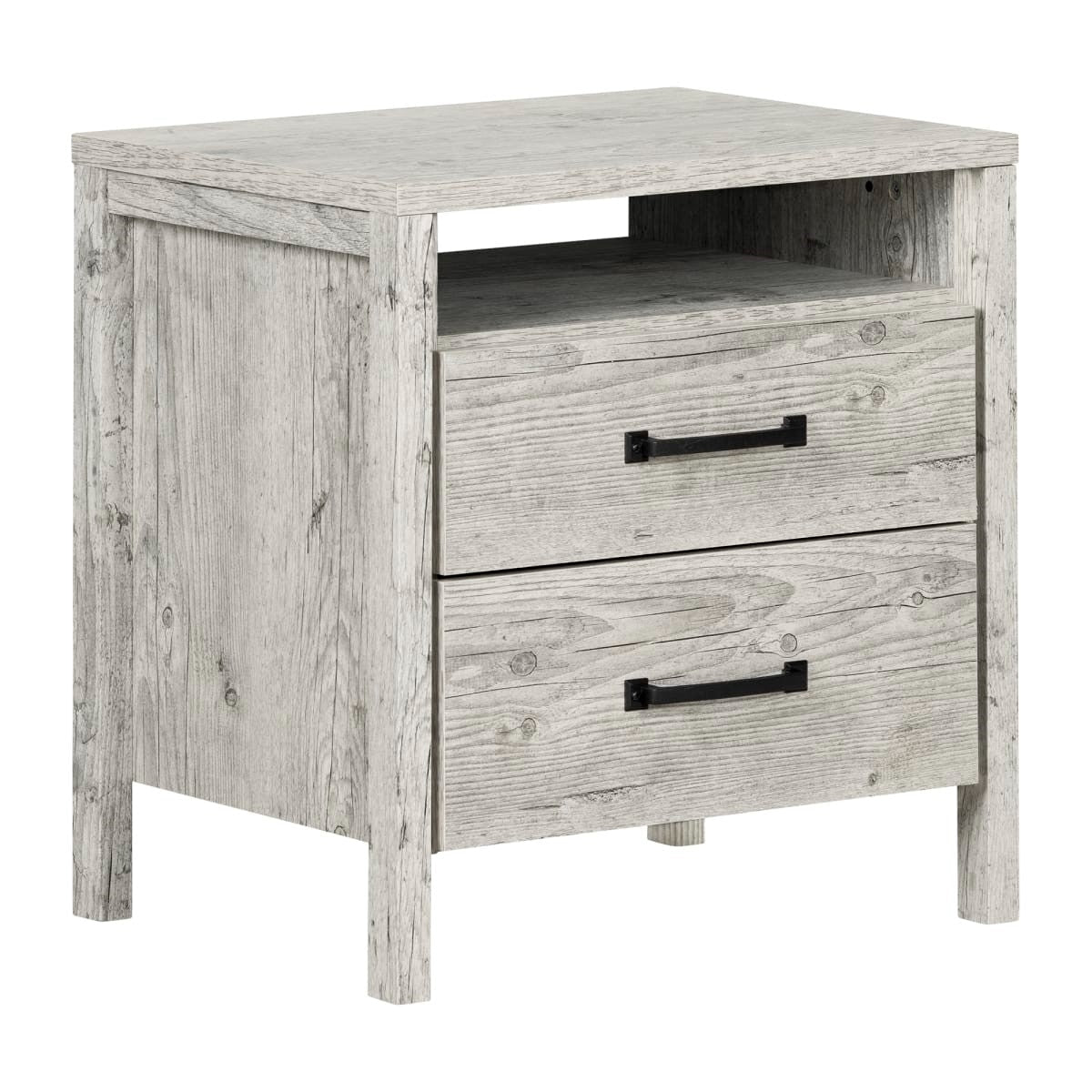 Modern Washed Pine 2 Drawer Nightstand Cubby Storage Shelf-0