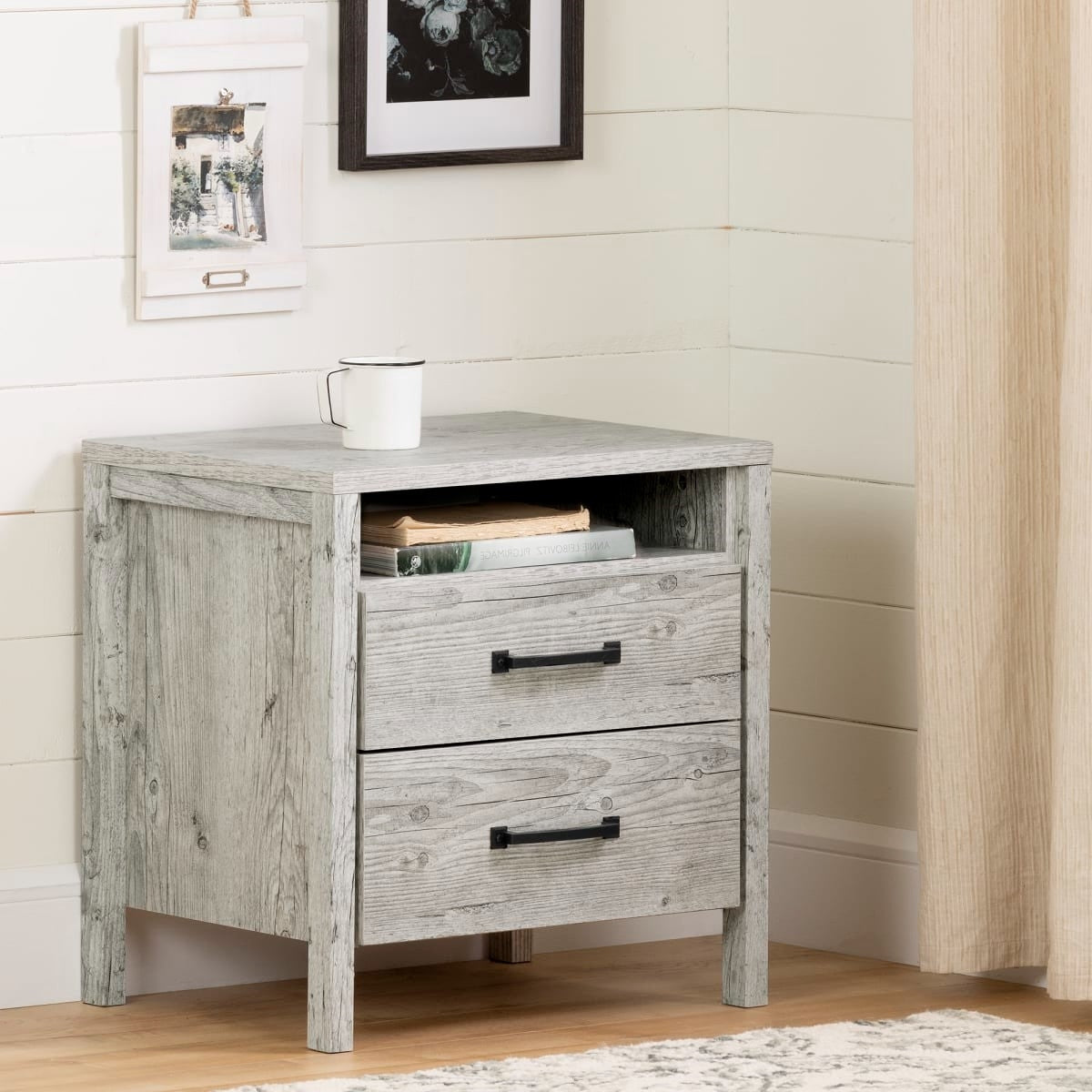 Modern Washed Pine 2 Drawer Nightstand Cubby Storage Shelf-3