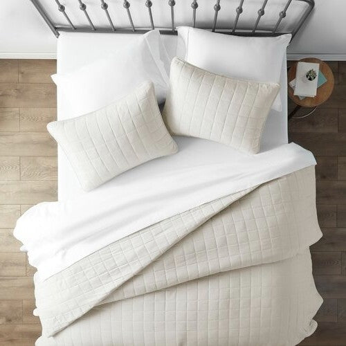 3 Piece Microfiber Farmhouse Coverlet Bedspread Set Ivory, Full/Queen-0