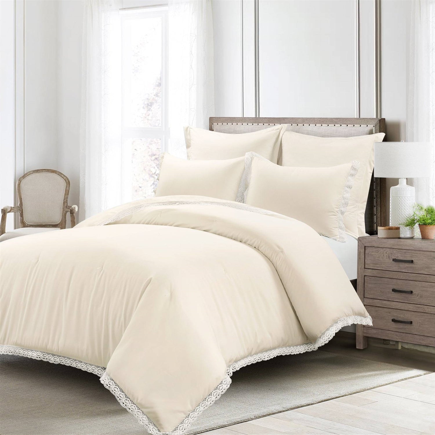 Full/Queen French Country Ivory 5-Piece Lightweight Comforter Set w/ Lace Trim-0