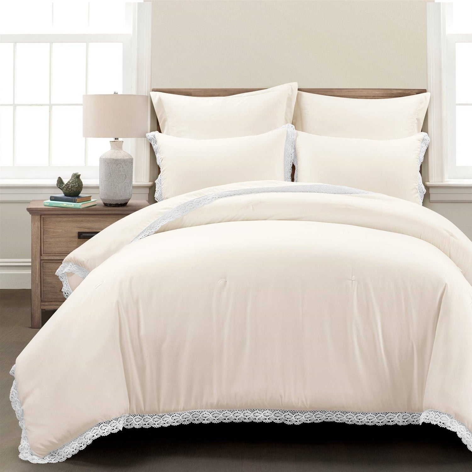 Full/Queen French Country Ivory 5-Piece Lightweight Comforter Set w/ Lace Trim-1