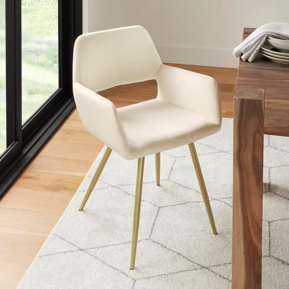 Set of 2 Modern Ivory Velvet Upholstered Dining Chair with Gold Metal Legs-2