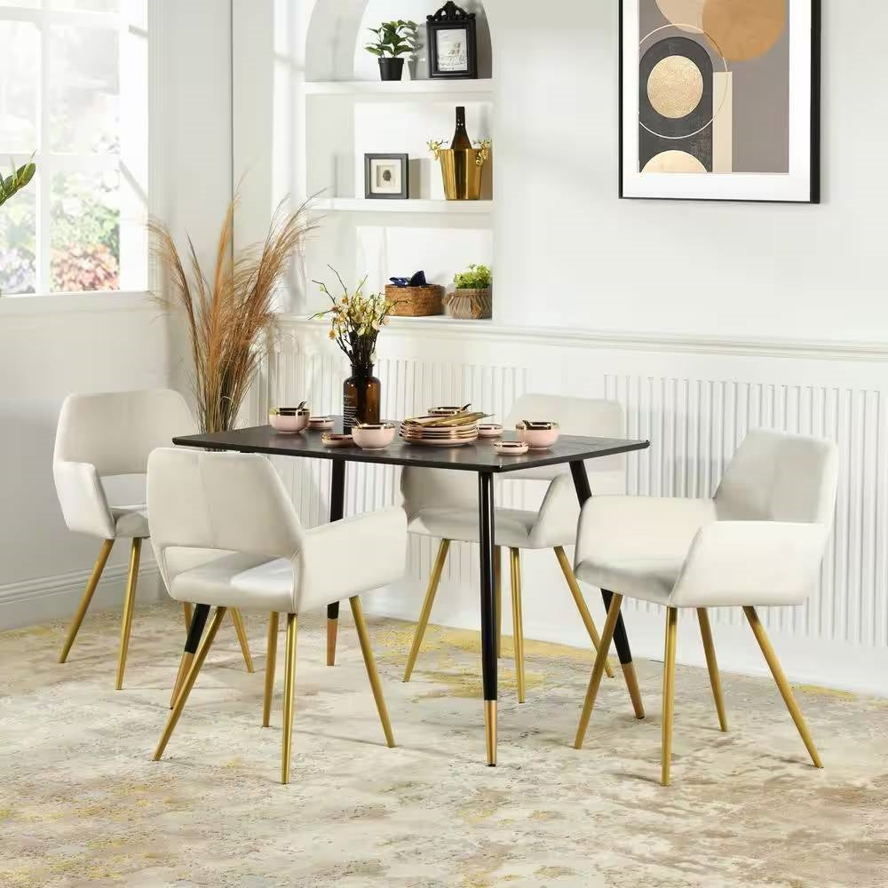 Set of 2 Modern Ivory Velvet Upholstered Dining Chair with Gold Metal Legs-3