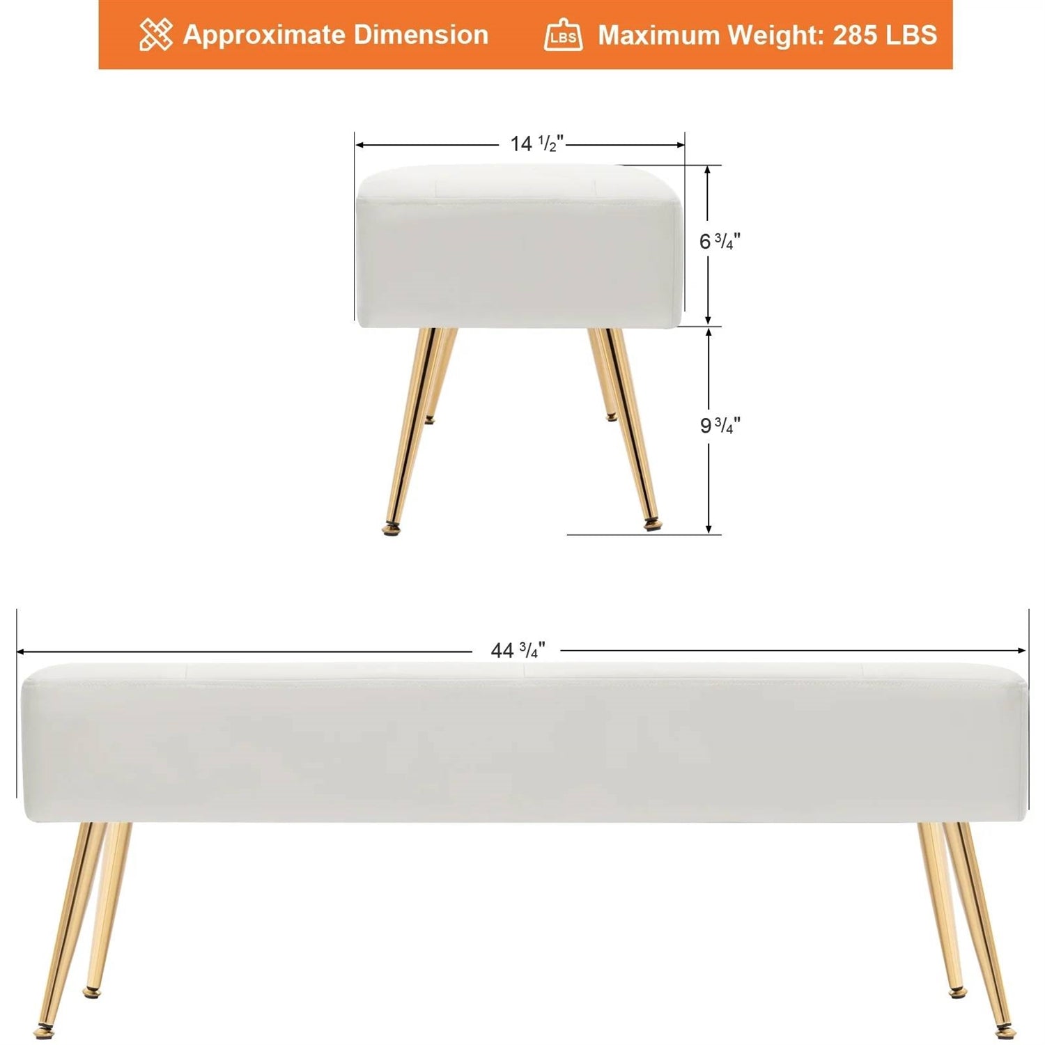 Modern Bed Bench Ottoman with White Ivory PU Leather Seat and Gold Metal Legs-4