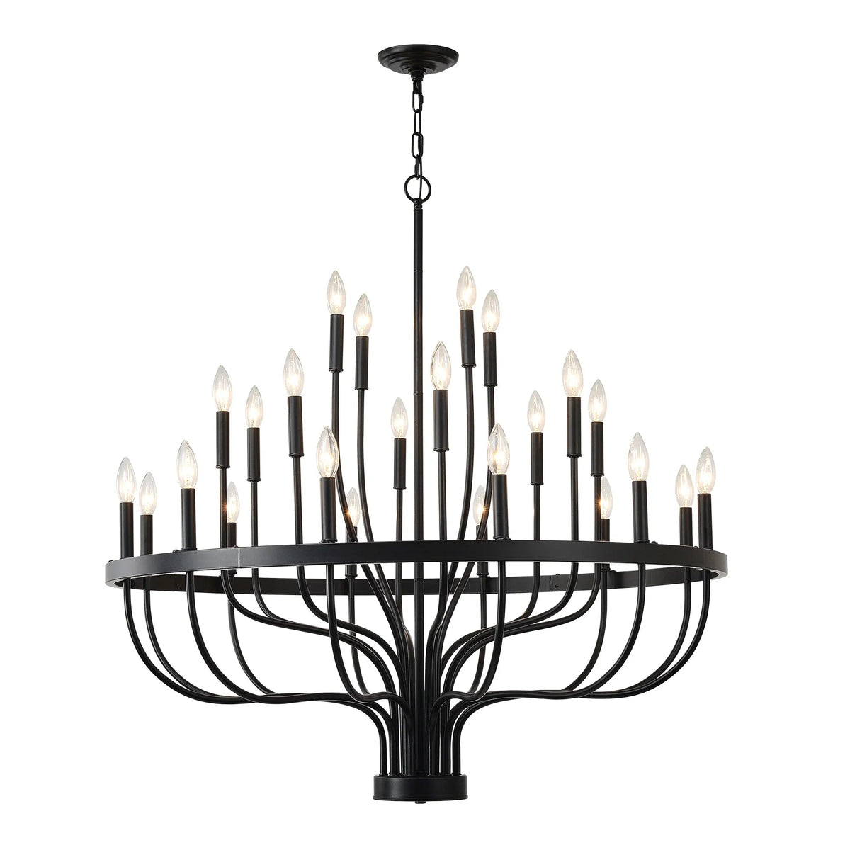 24-Light Industrial Candle Chandelier | Black Farmhouse Pendant Light Fixture for Dining Room, Living Room & Foyer — 39.4" Wide