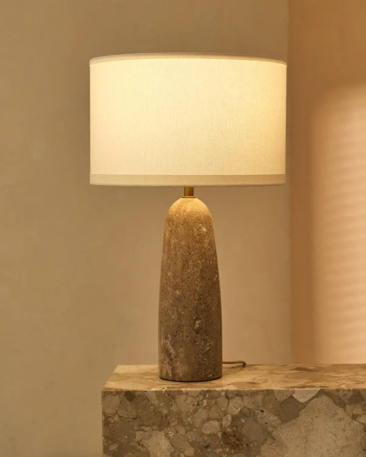 Isla Travertine Lamp with Cotton Shade – Elegant and Timeless-1