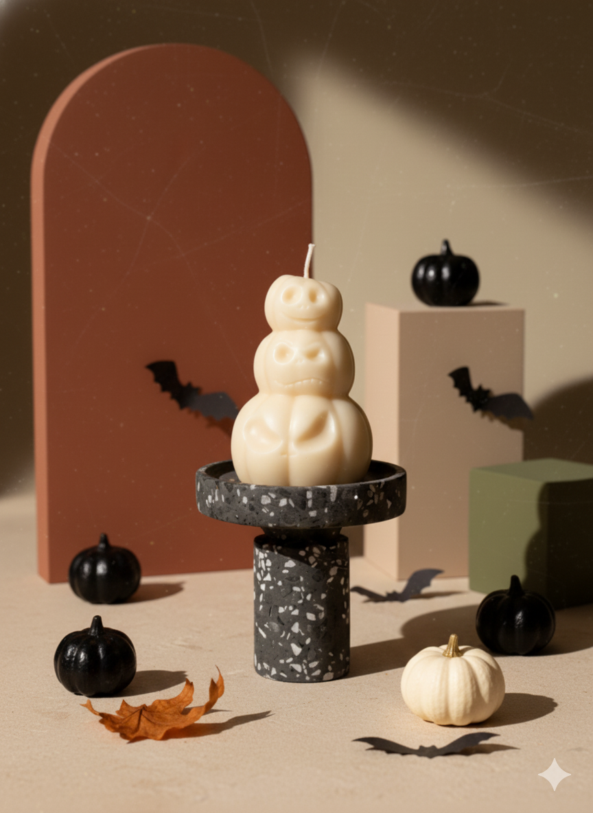 Hand-Poured Pumpkin Soy Candle – Fall Sculpture in Orange, Ivory & Gray