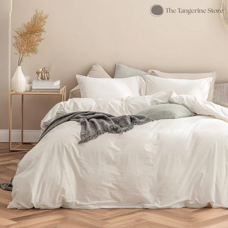 Ivory White - 100% Cotton 3 Piece Duvet Cover Set | 4 Piece Sheet Set | Pre-washed | 200 TC percale-1