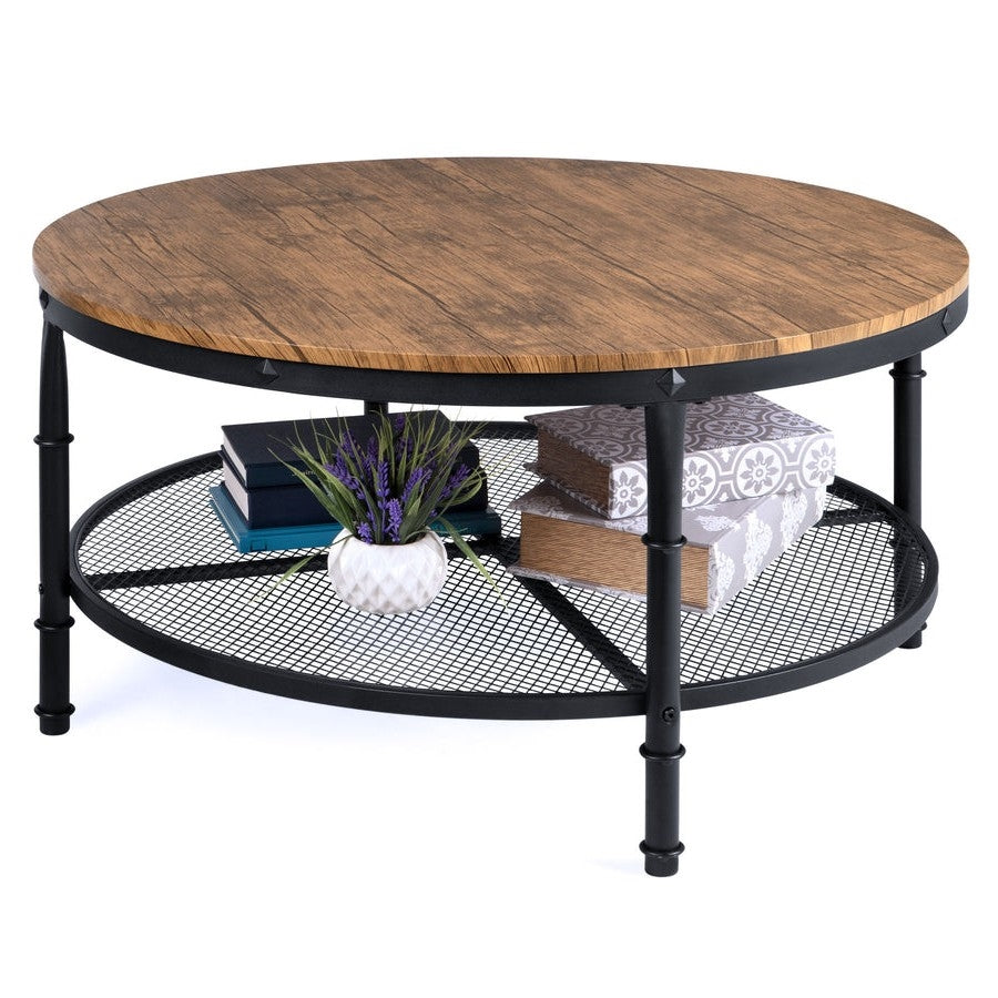 FarmHome Industrial Wood Steel Coffee Table 2-Tier Round with Storage Shelves-1