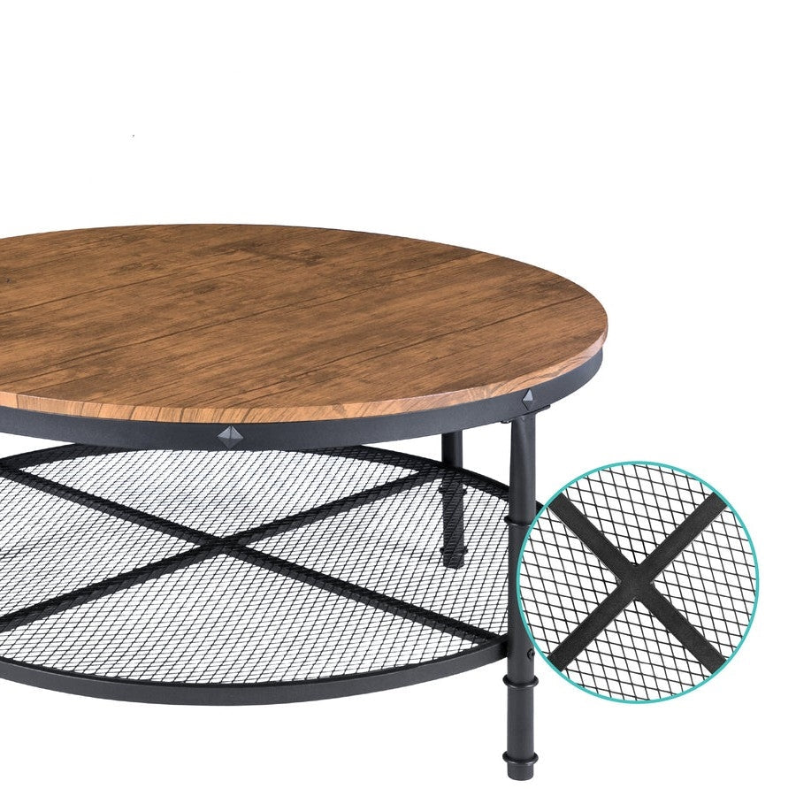 FarmHome Industrial Wood Steel Coffee Table 2-Tier Round with Storage Shelves-2