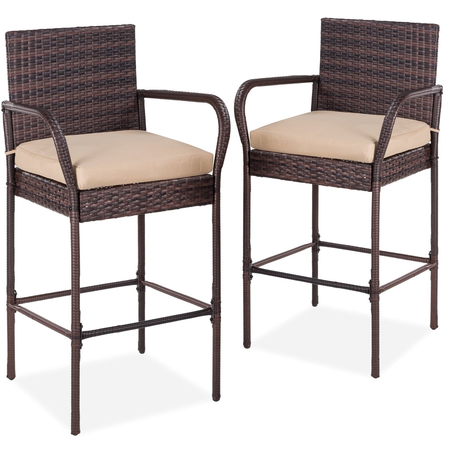 Set of 2 Brown Indoor/Outdoor Wicker Bar Stools w/ 2 Tan Cushions-0