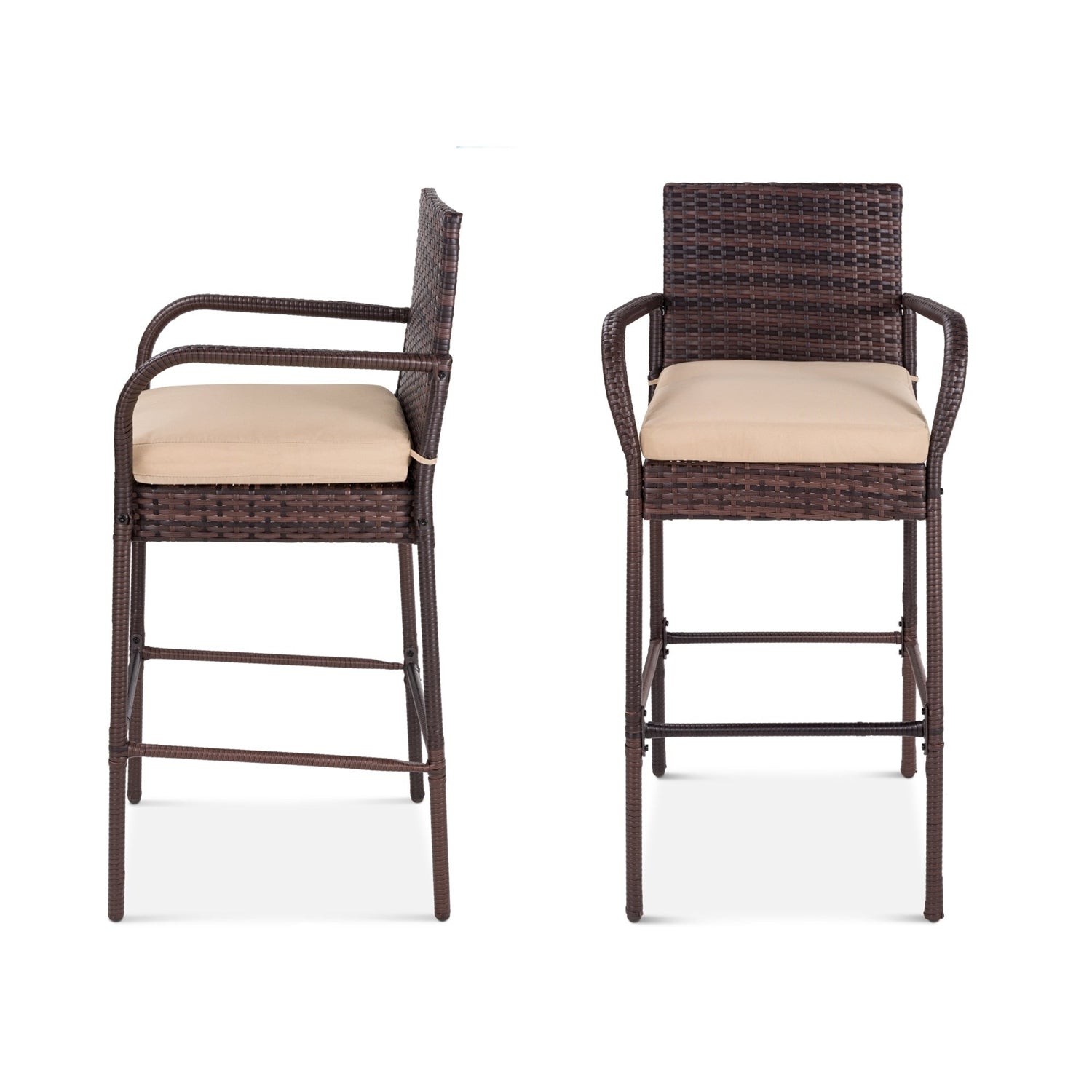 Set of 2 Brown Indoor/Outdoor Wicker Bar Stools w/ 2 Tan Cushions-1