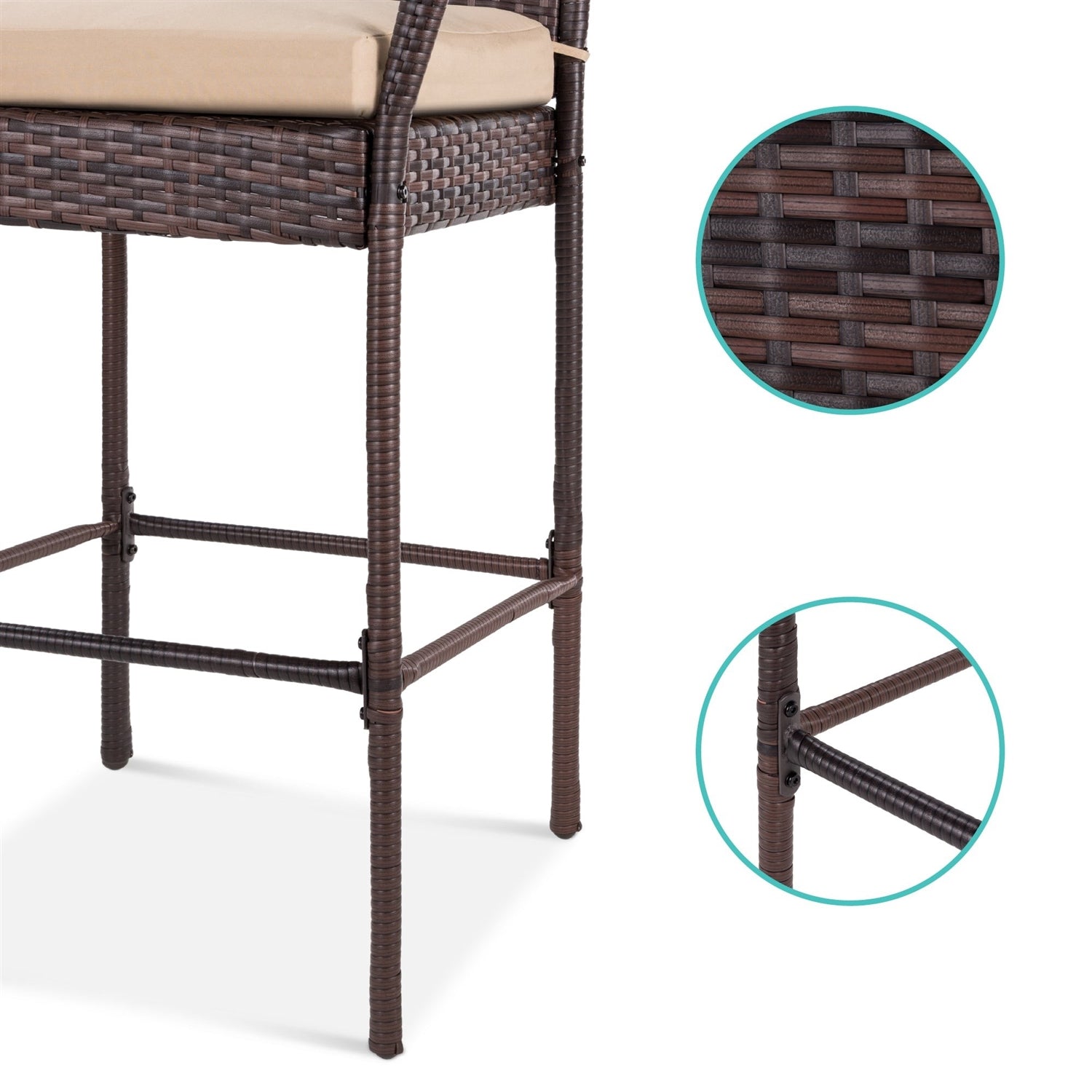 Set of 2 Brown Indoor/Outdoor Wicker Bar Stools w/ 2 Tan Cushions-2