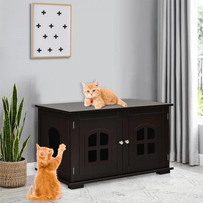 Dark Brown Modern Large Ventilated Private Divider Cat Litter Box-4