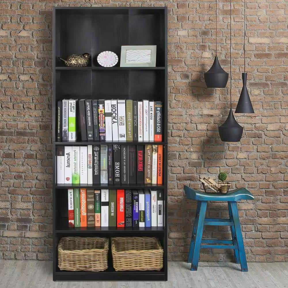 71-inch Tall 5-Shelf Bookcase in Black Wood Finish-1