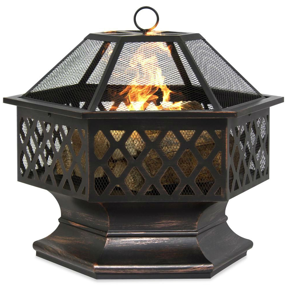 24 Inch Steel Distressed Bronze Lattice Design Fire Pit With Cover-0