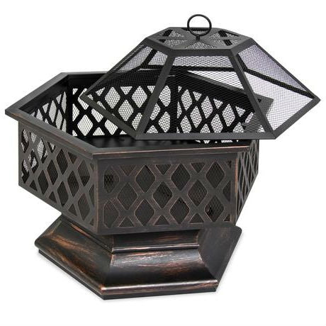 24 Inch Steel Distressed Bronze Lattice Design Fire Pit With Cover-2