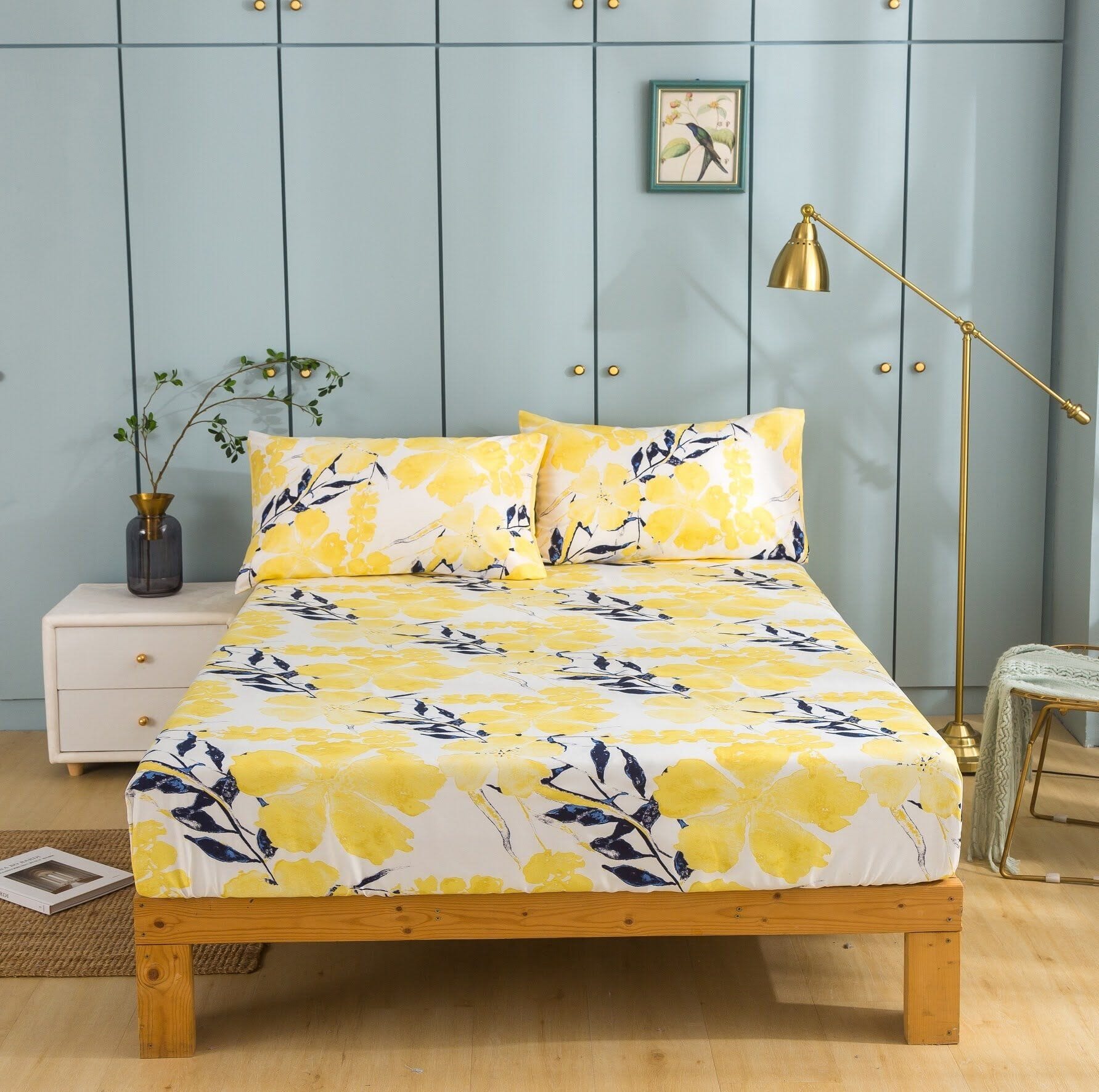 Tache Microfiber Watercolor Tropical Floral Yellow Blue Fitted Sheet / Flat Sheet (JHW-841)