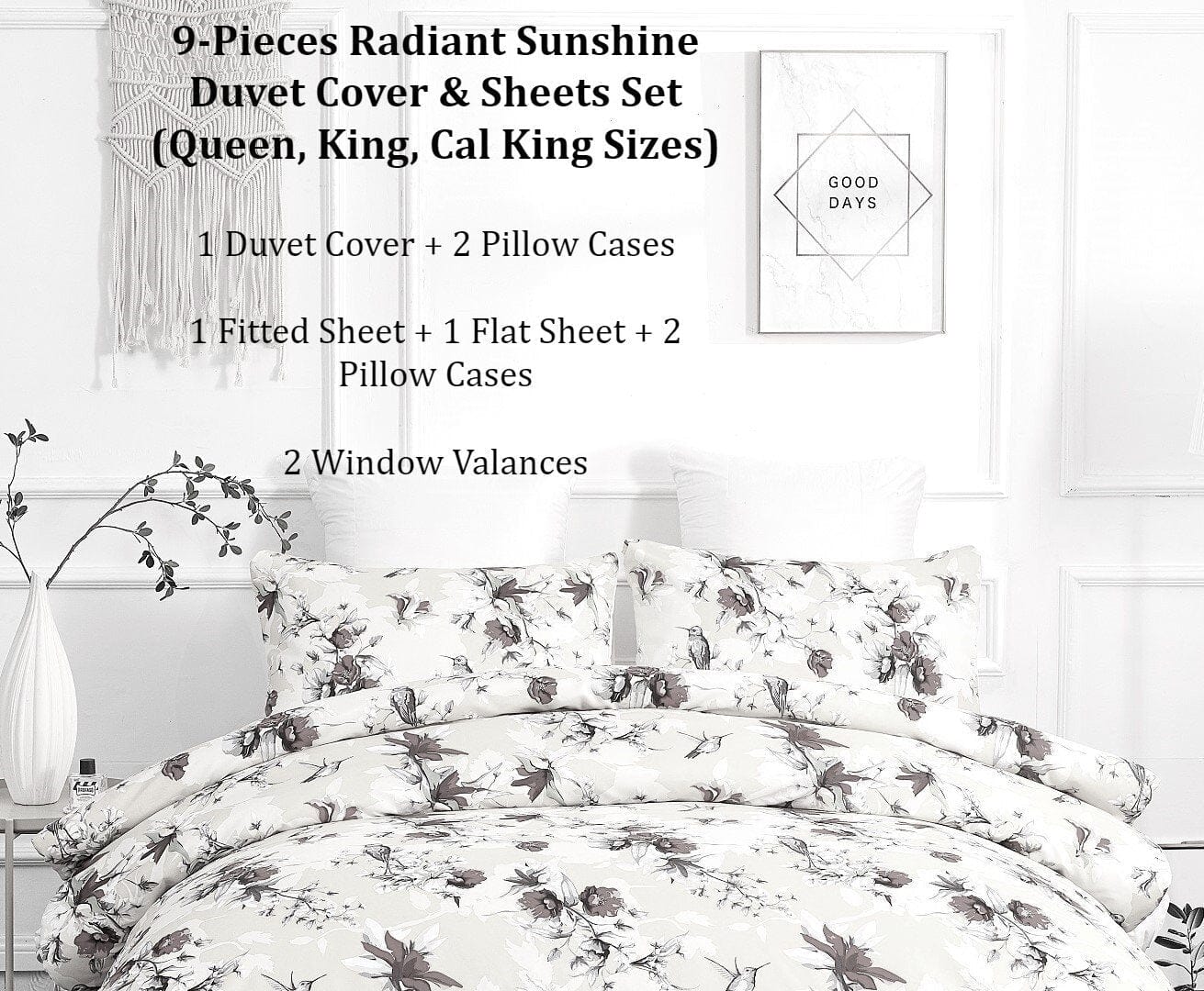DaDa Bedding Yellow Hummingbird Duvet Cover, Sheets & Valance Set