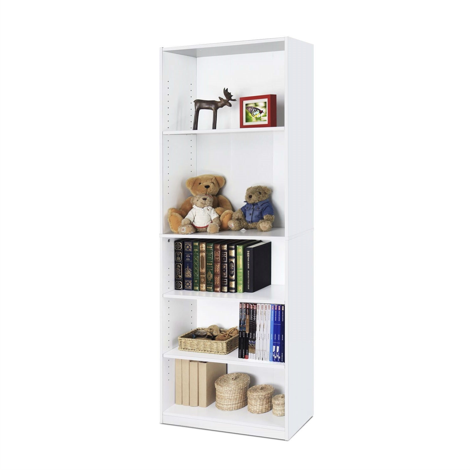 Modern 5-Shelf Bookcase in White Wood Finish-0