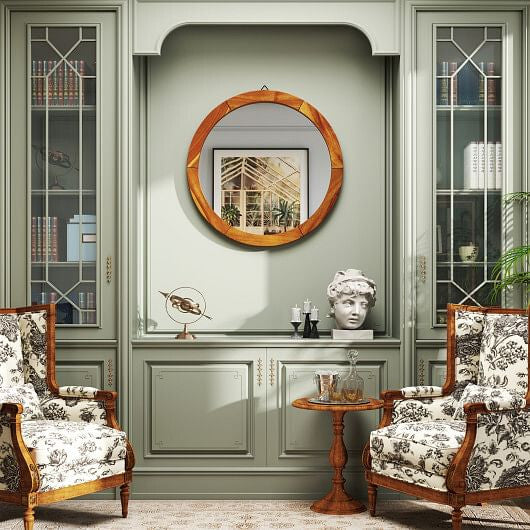 27 Inch Round Wall Mirror with Solid Acacia Wood Frame-Brown-1