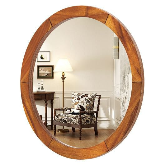 27 Inch Round Wall Mirror with Solid Acacia Wood Frame-Brown-2