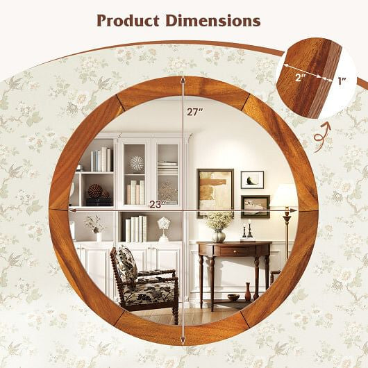 27 Inch Round Wall Mirror with Solid Acacia Wood Frame-Brown-3