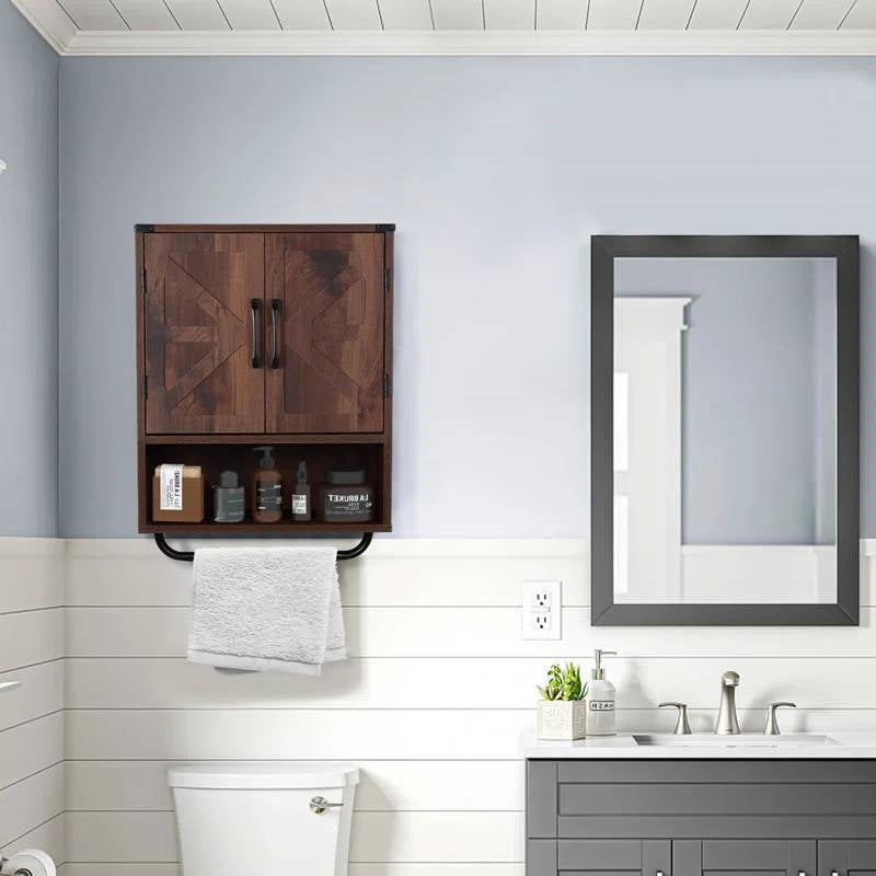 Farmhouse Bathroom Wall Cabinet with Towel Bar in Brown Wood Finish-1