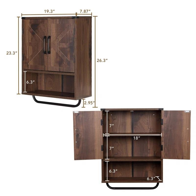 Farmhouse Bathroom Wall Cabinet with Towel Bar in Brown Wood Finish
