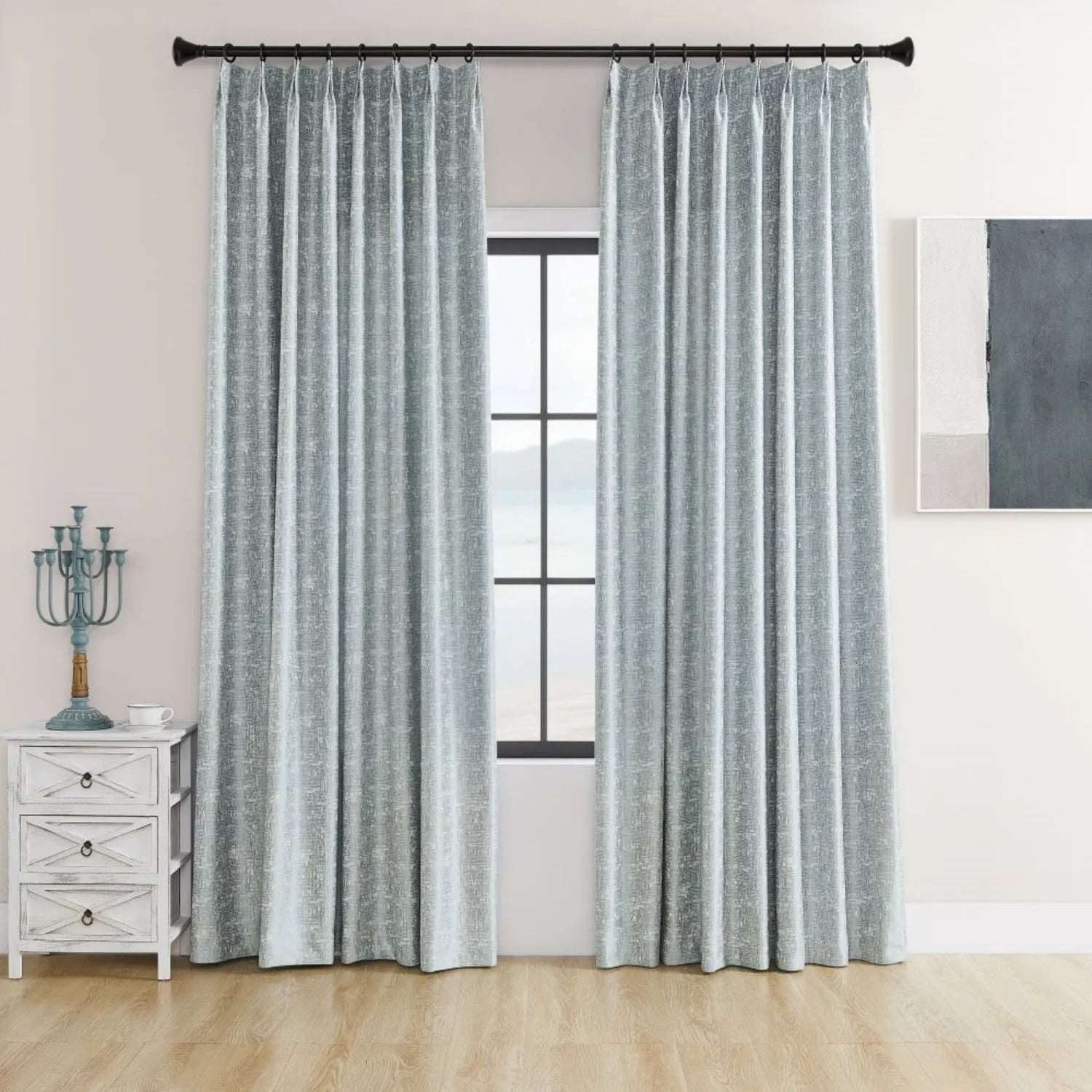 Jade Haze Blue Golden Metallic Curtains