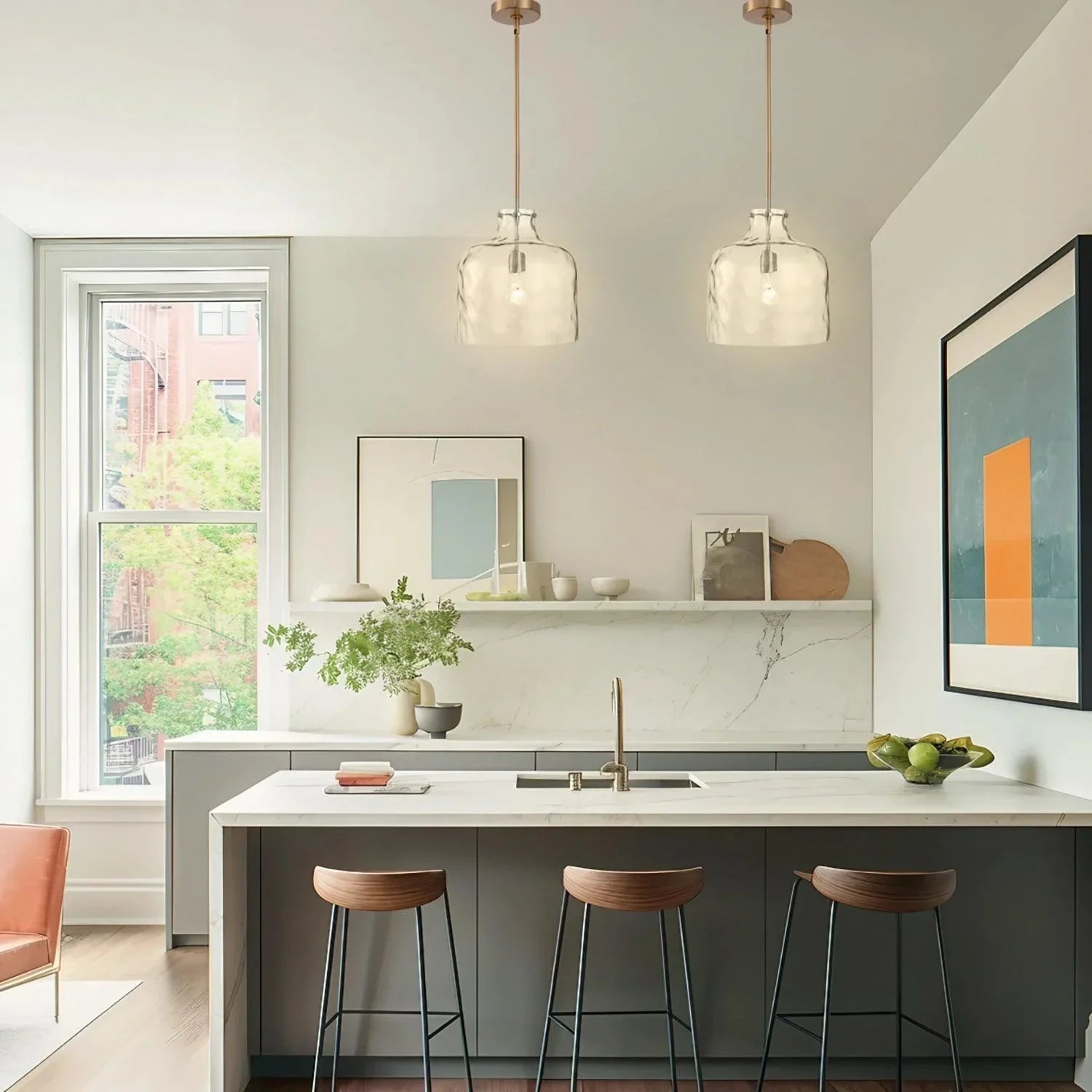 Kara Farmhouse 1-Light Textured Glass Nickel Island Pendant Light