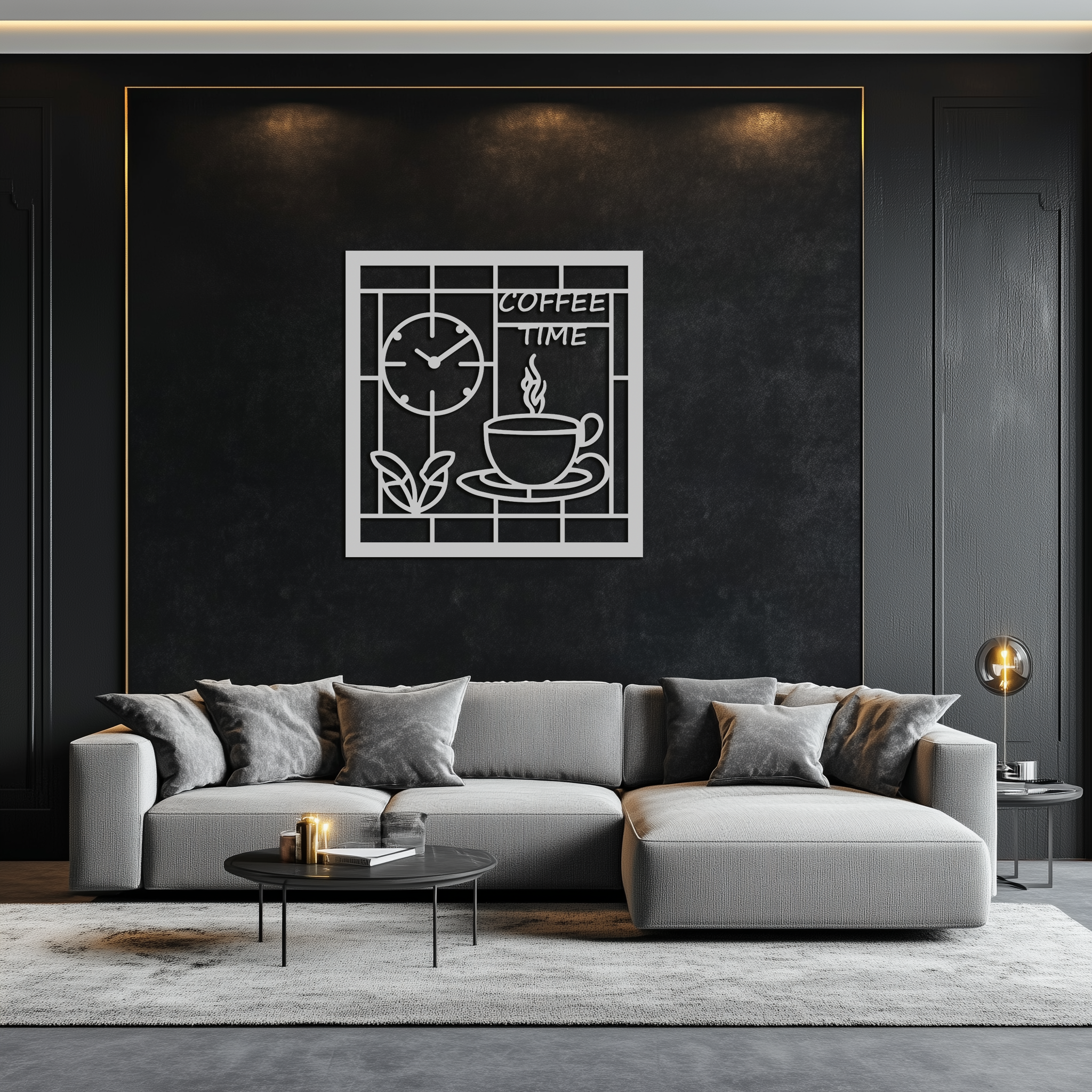 Coffee Time Metal Wall Art – Coffee Cup and Clock Design for Kitchen and Cafe Decor- KAF360