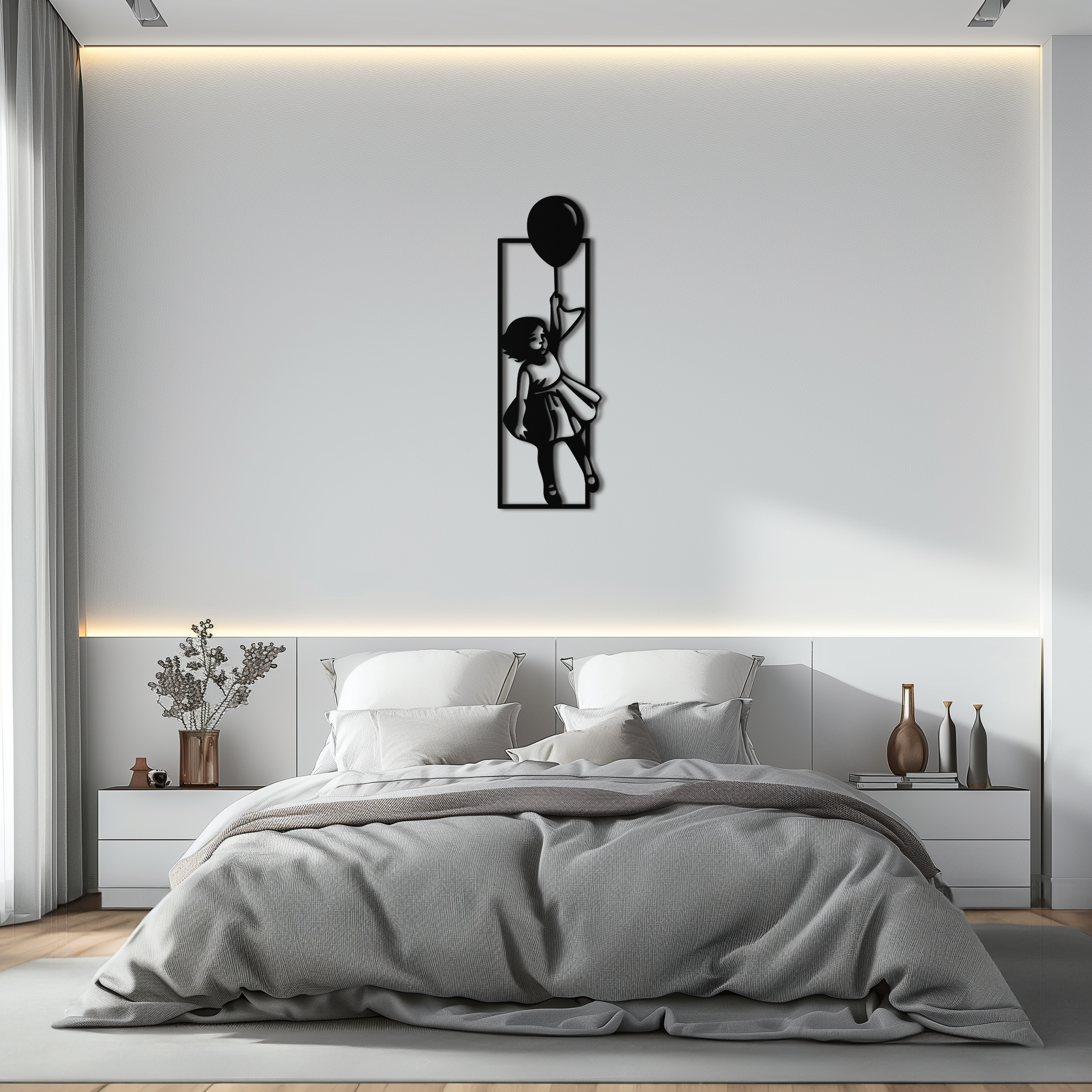 Balloon Girl Silhouette Metal Wall Art – Whimsical Modern Home Decor- KAF563