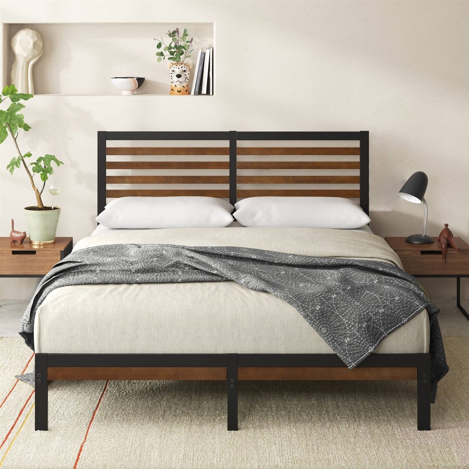 Full Metal Platform Bed Frame with Bamboo Wood Slat Headboard and Footboard-0