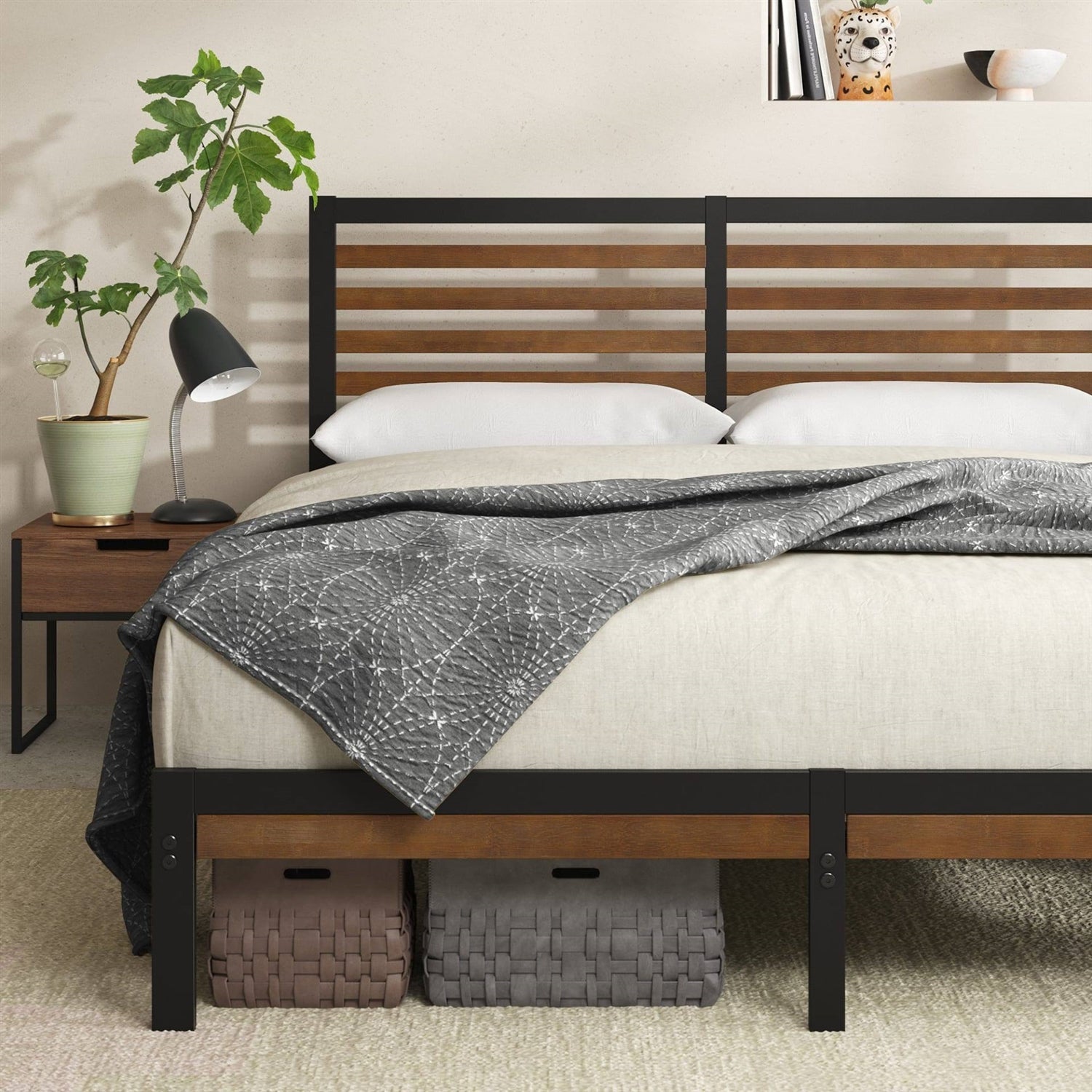 Full Metal Platform Bed Frame with Bamboo Wood Slat Headboard and Footboard-1