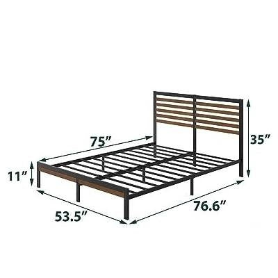 Full Metal Platform Bed Frame with Bamboo Wood Slat Headboard and Footboard-3