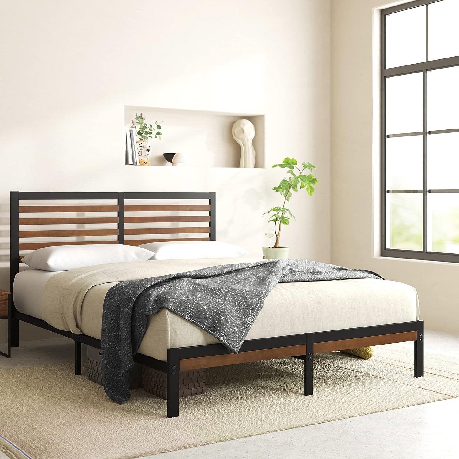 Queen Metal Platform Bed Frame with Bamboo Wood Slat Headboard and Footboard-4