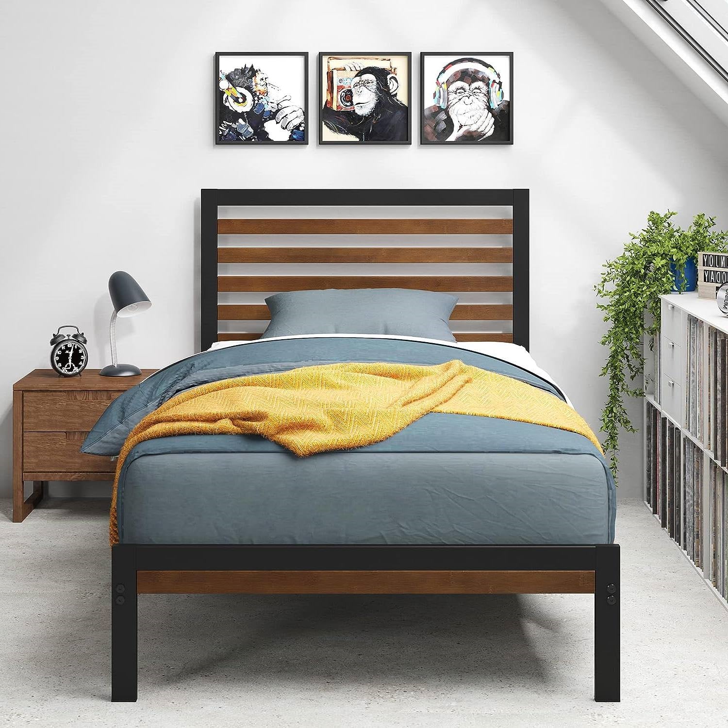 Twin Metal Platform Bed Frame with Bamboo Wood Slatted Headboard and Footboard-1