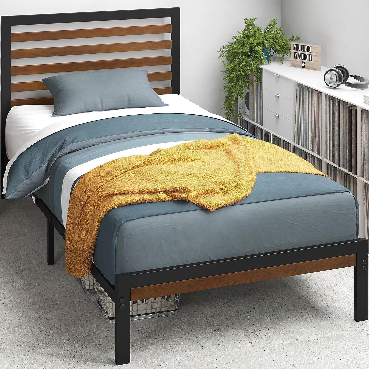 Twin Metal Platform Bed Frame with Bamboo Wood Slatted Headboard and Footboard-2