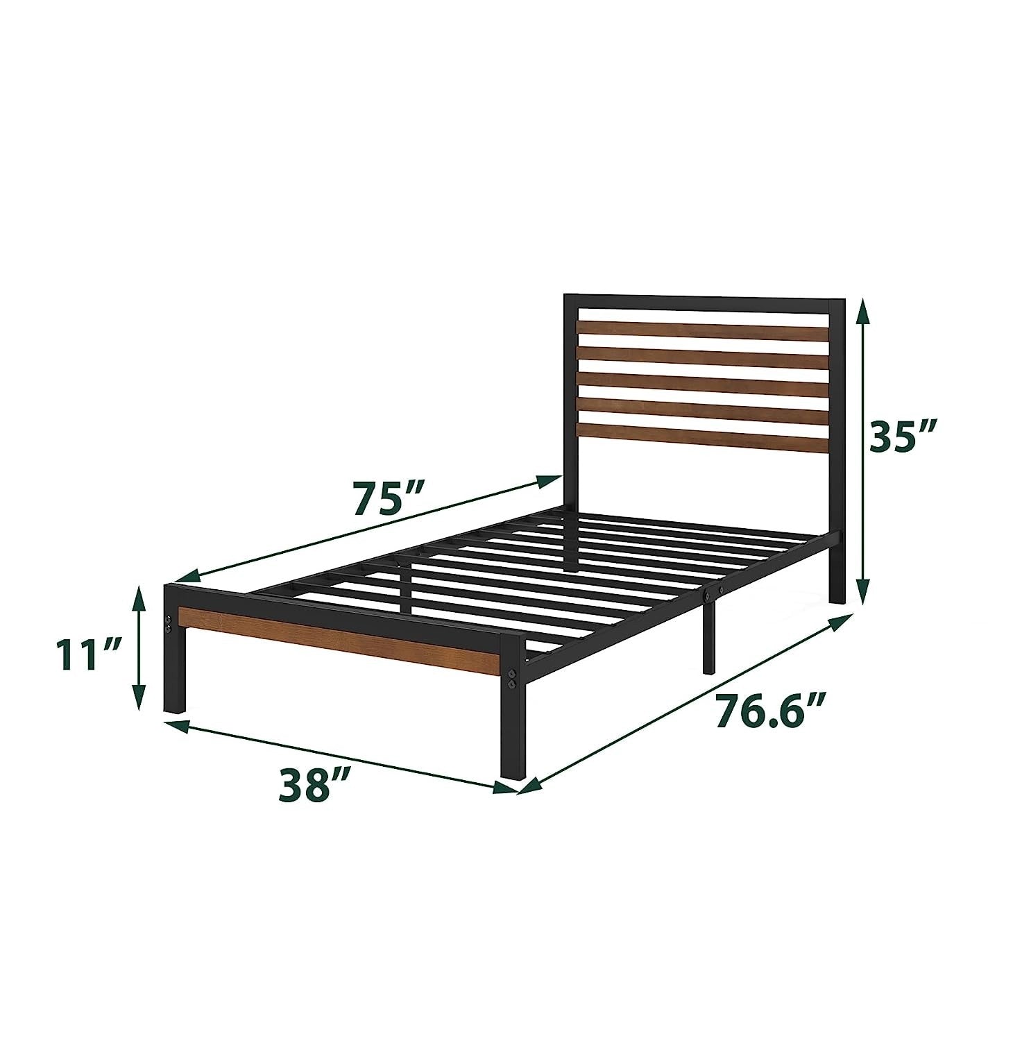 Twin Metal Platform Bed Frame with Bamboo Wood Slatted Headboard and Footboard-4