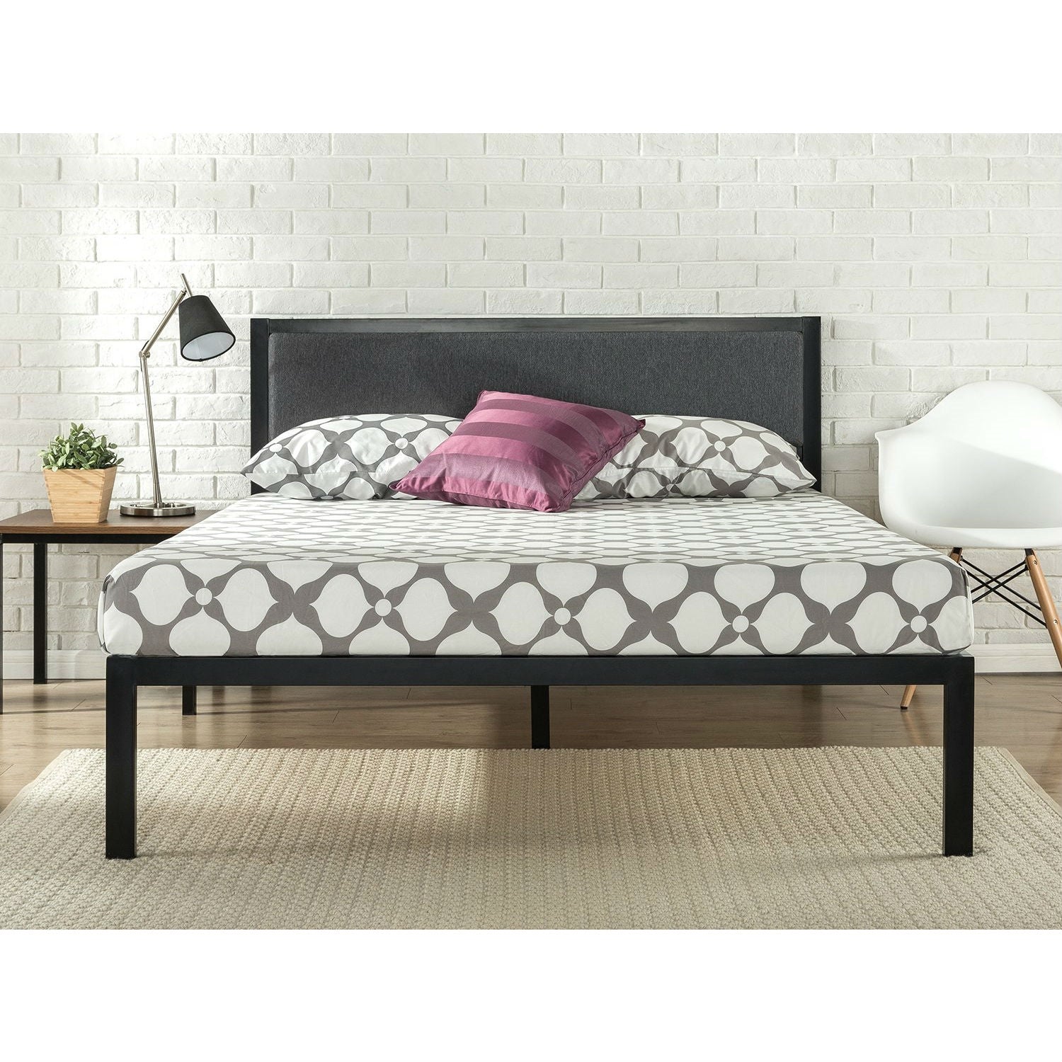 King size Metal Platform Bed Frame with Wood Slats and Upholstered Headboard-1