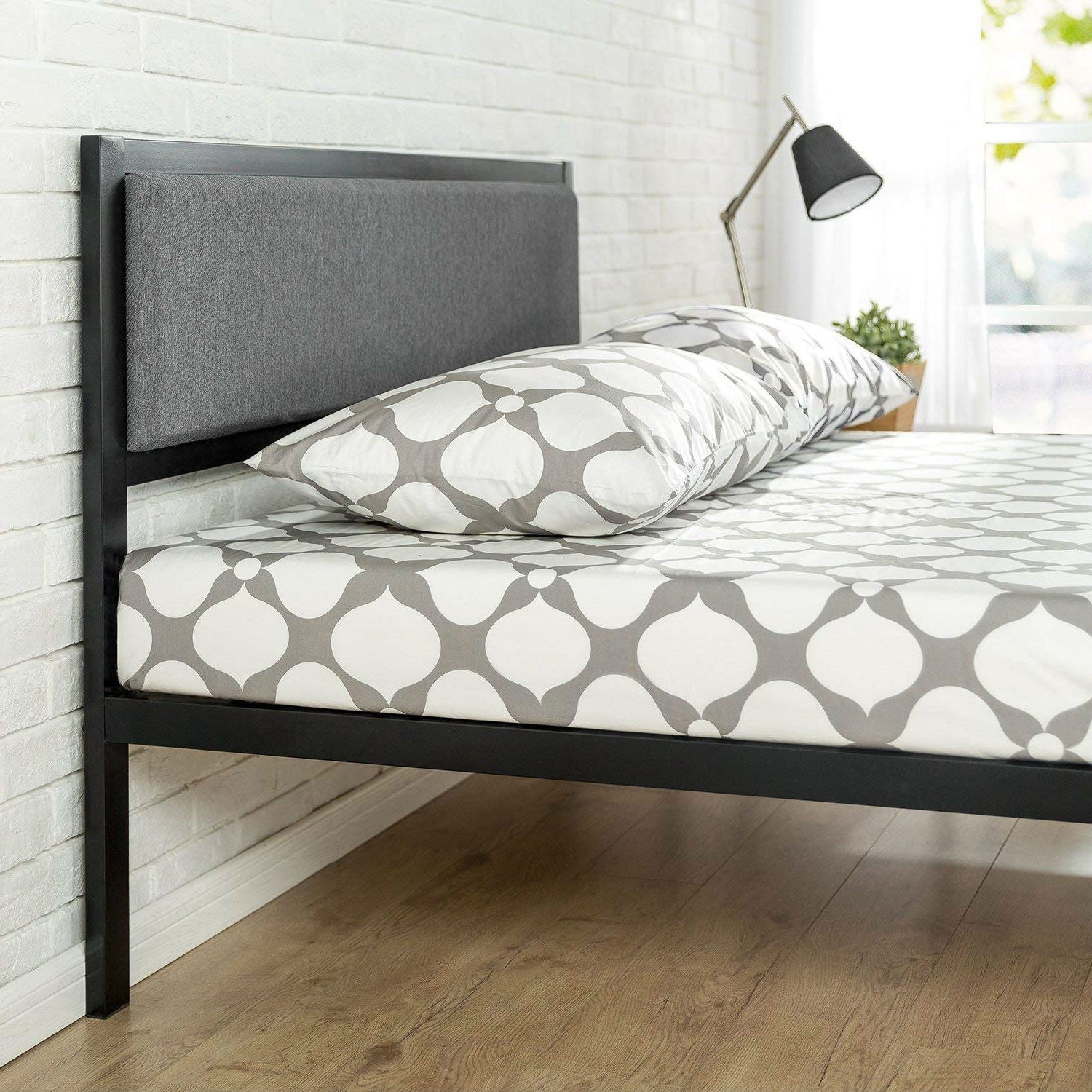 King size Metal Platform Bed Frame with Wood Slats and Upholstered Headboard-2