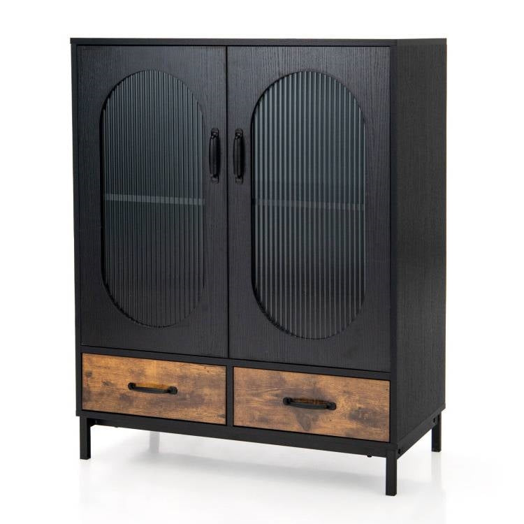 Modern Black Brown Metal Wood Sideboard Dining Buffet Cabinet with Glass Doors-1