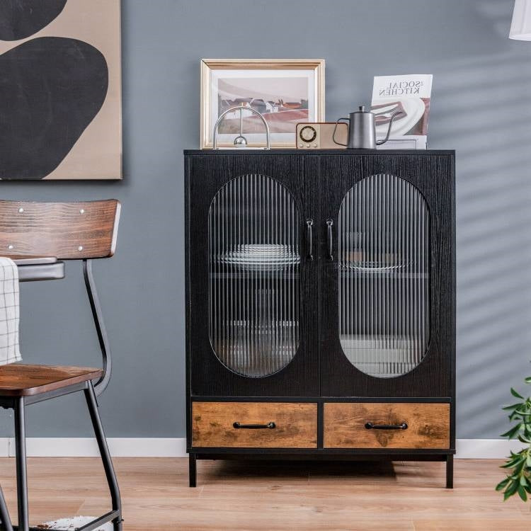 Modern Black Brown Metal Wood Sideboard Dining Buffet Cabinet with Glass Doors-3