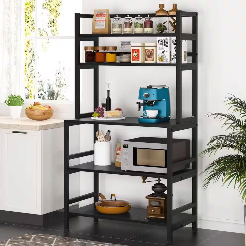 Black Metal Wood Freestanding Kitchen Shelf Bakers Rack Microwave Stand-0