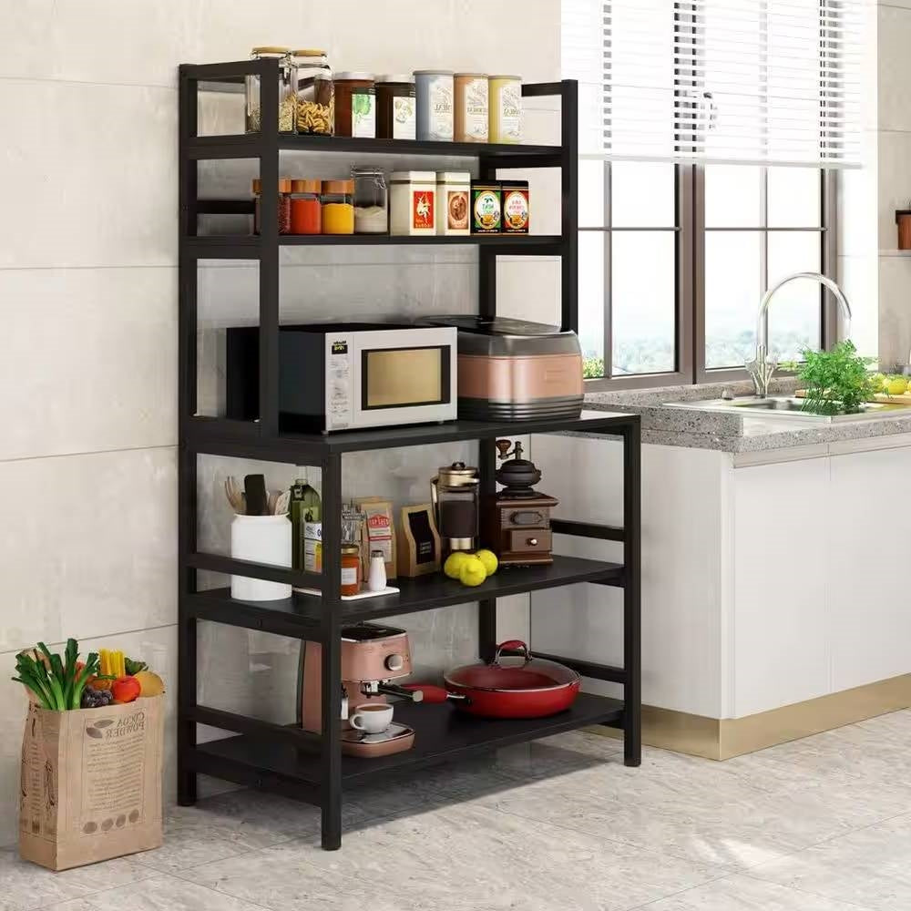 Black Metal Wood Freestanding Kitchen Shelf Bakers Rack Microwave Stand-1