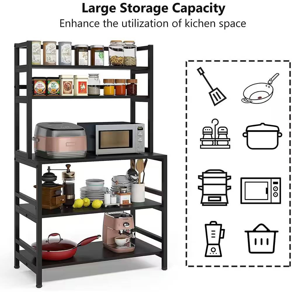 Black Metal Wood Freestanding Kitchen Shelf Bakers Rack Microwave Stand-3